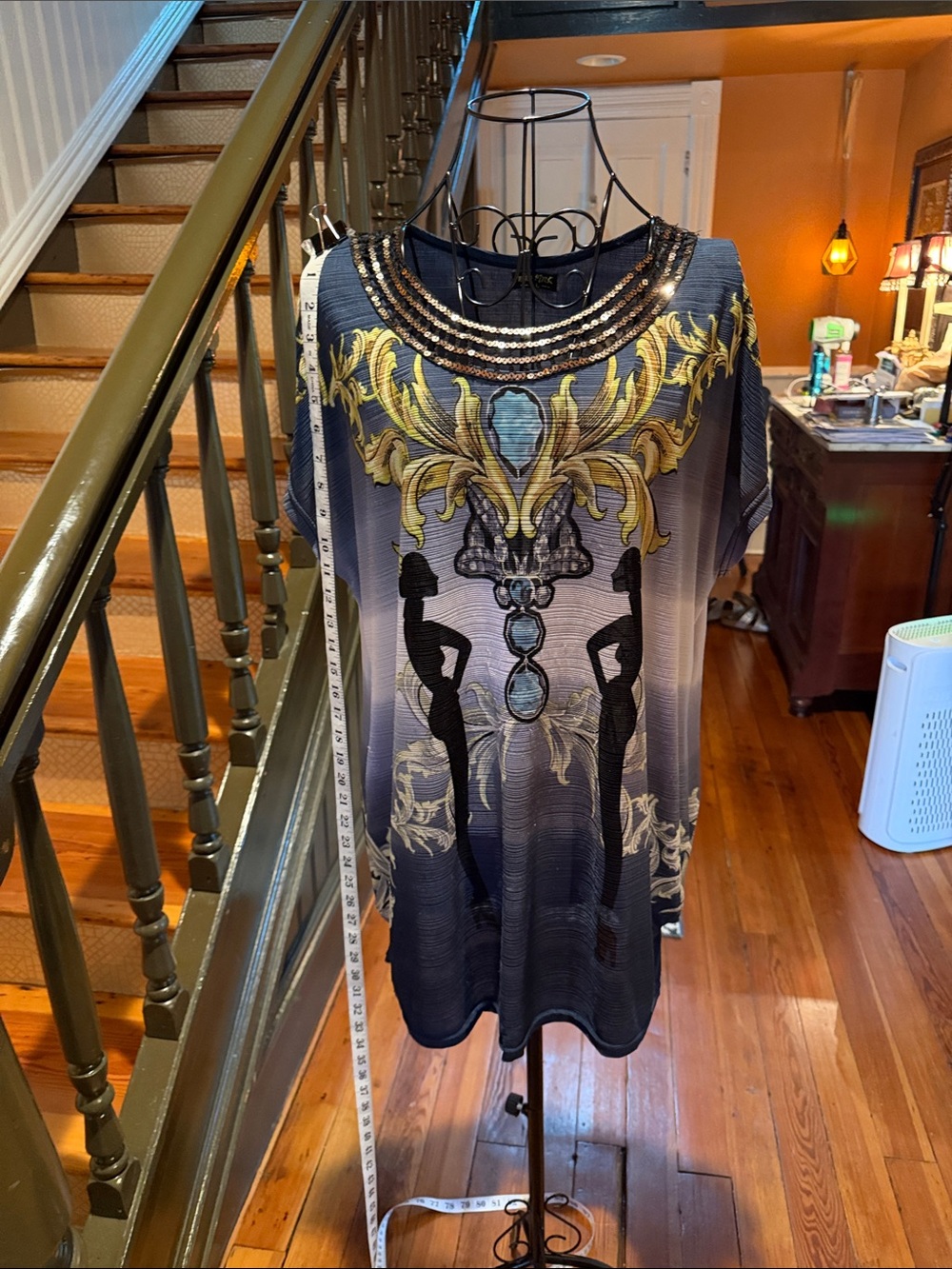 Ornate-Print Embellished Tunic Top